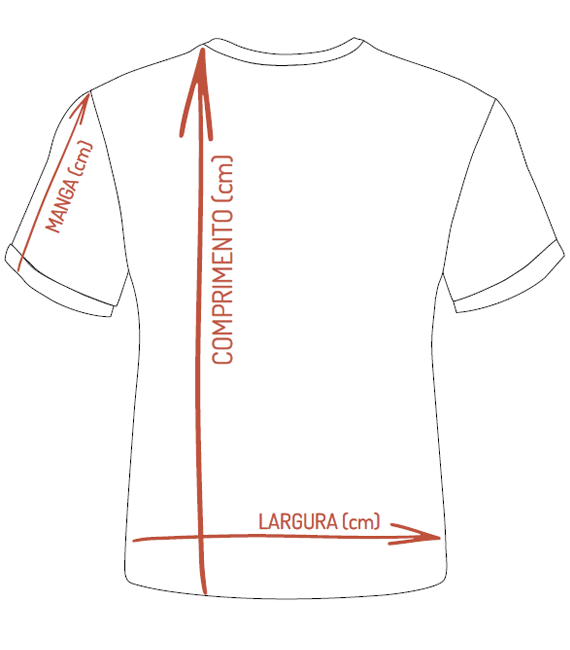 Diagrama de como medir uma camisa: LARGURA, COMPRIMENTO e MANGA